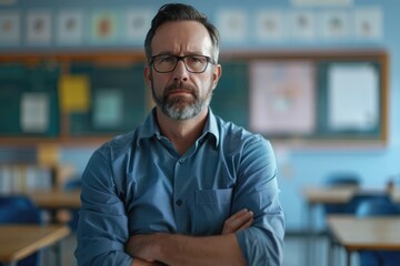 Obraz premium Portrait Of Male Elementary School Teacher Standing In Classroom
