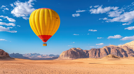Obraz premium vibrant yellow and red hot air balloon floats gracefully over vast desert landscape, showcasing stunning natural beauty of rocky terrain and clear blue sky