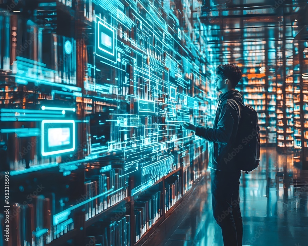 Poster smart library with voice commands and holographic displays for digital textbooks and resources
