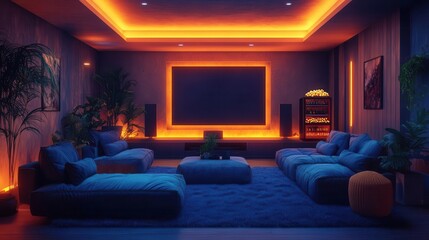 isometric view of a chic living room designed as a home cinema, featuring plush recliners and a vintage popcorn machine, emphasizing comfort and entertainment in a stylish layout