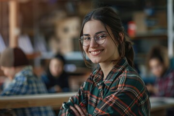 Female teacher in plaid shirt with students in carpentry class.