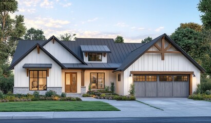 Fototapeta premium a modern two-story house with white walls, a gray roof, and wooden beams, with a garage in front of the building.