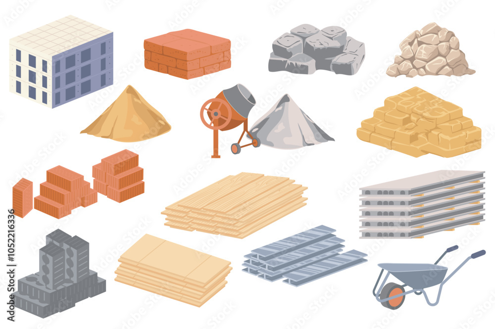 Poster building materials mega set elements in flat graphic design. collection objects of house constructio