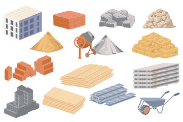 Building materials mega set elements in flat graphic design. Collection objects of house construction, blocks, stones pile, sand, concrete mixer, wooden boards, slabs, others. Vector illustration.