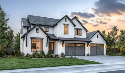 3D rendering of a house with a gable roof and garage, white walls, wooden beams on the facade, gray metal tiles, and green trees around.