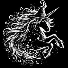 Fototapeta premium A mystical unicorn adorned with a witch's hat, featuring flowing hair and sparkling stars against a dark background.