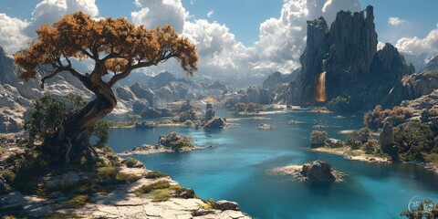 Naklejka premium Majestic Mountain Lake with Waterfall and Ancient Tree Fantasy Landscape