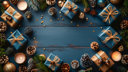 Flat Lay Deep Blue ang Gold Background with Christmas Decoration