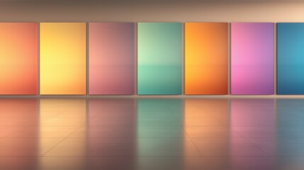 A series of colorful paintings are displayed on a wall, creating a vibrant and lively atmosphere. The paintings are arranged in a row, with each one featuring a different color