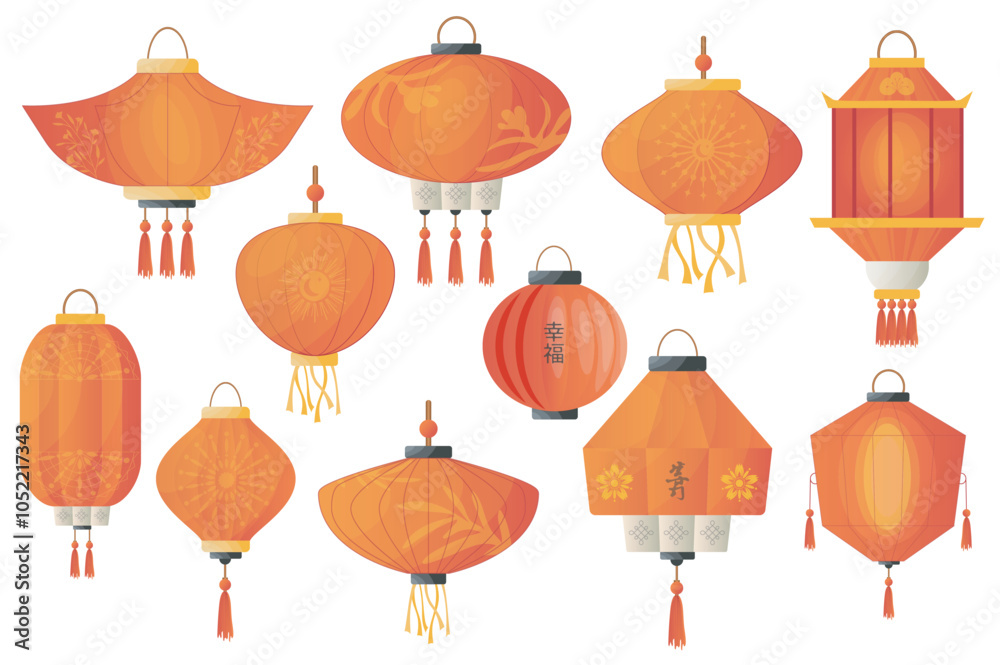 Poster Cartoon chinese lanterns mega set elements in flat graphic design. Collection objects of different shapes hanging red lanterns, tradition festival paper lamps with ornaments. Vector illustration.