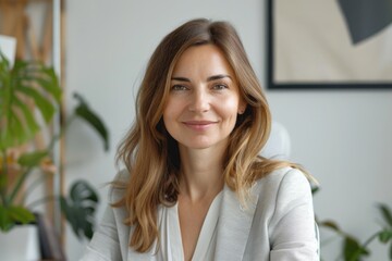Fototapeta premium Businesswoman smiling on webcam for various professional interactions.