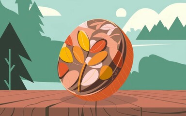 Autumn leaf disc nature design. Circular autumn design; vibrant fall foliage on wood. Peaceful nature scene evokes tranquility.