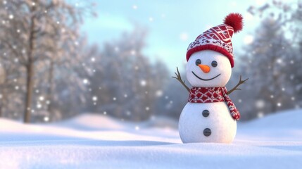 Fototapeta premium Cute Smiling Snowman in a Cozy Winter Outfit with Snowy Forest Background and Falling Snowflakes