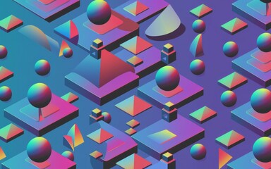 Obraz premium Geometric shapescape. Vivid isometric landscape of colorful 3D shapes; playful, vibrant design evoking creativity and innovation.