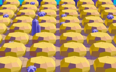 Fototapeta premium Geometric crystal field. Abstract pattern of yellow gems, a purple crystal stands out, symbolizing uniqueness and hidden potential.