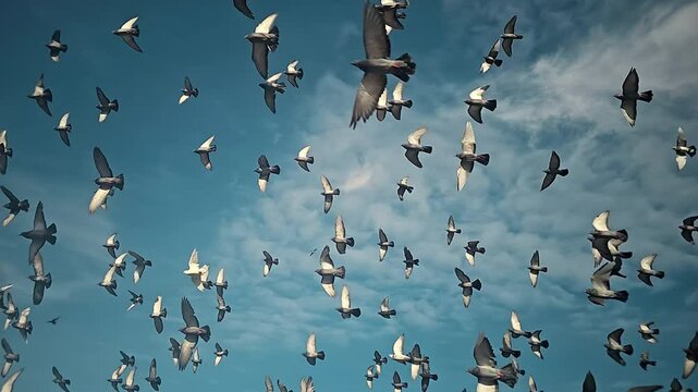 Flock of birds flying in a clear sky, A mesmerizing view of numerous birds in flight against a clear sky,