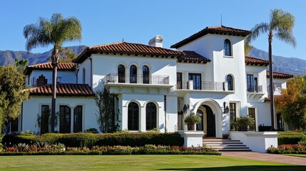 Obraz premium A sprawling white mansion with a terracotta roof surrounded by a lush garden and palm trees under a clear blue sky.