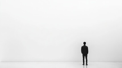 Fototapeta premium Minimalist image of a man standing alone in an empty, white space, evoking themes of solitude, simplicity, and introspection.