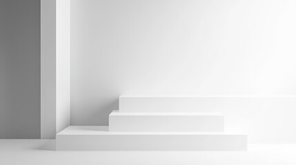 Obraz premium Minimalist white staircase design in an empty modern interior space, creating a sense of simplicity, elegance, and architectural beauty.
