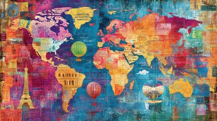 Naklejka premium A colorful world map featuring landmarks and hot air balloons, celebrating travel and culture.
