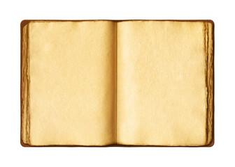 Old open medieval book with worn parchment pages. Isolated on transparent background