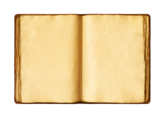 Old open medieval book with worn parchment pages. Isolated on transparent background