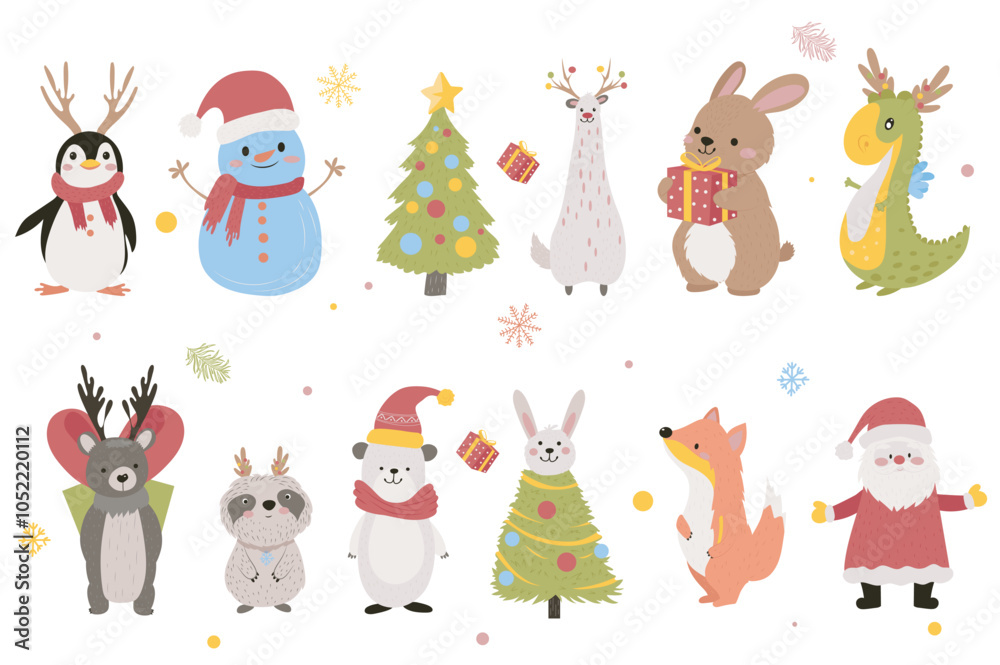 Aufkleber christmas cute characters mega set elements in flat graphic design. collection objects of penguin wi