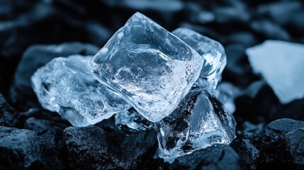 Obraz premium Ice Cubes on Black Rocks Frozen Water Abstract Background Nature Texture