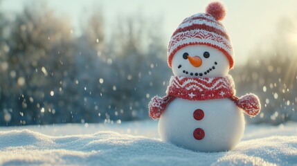 Cute Smiling Snowman in a Cozy Winter Outfit with Snowy Forest Background and Falling Snowflakes