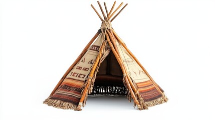 Obraz premium Traditional wooden teepee with woven fabric panels, showcasing cultural heritage and craftsmanship, isolated on a white background.