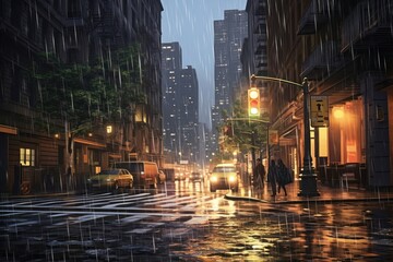 Fototapeta premium Rain city car street.