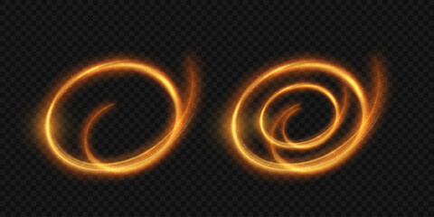 A set of two glowing, golden swirl light effects on a transparent background, radiating warmth and energy. These circular, spiral-like effects add a dynamic and magical touch, perfect for enhancing di