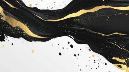 Obraz premium Abstract art featuring flowing black and gold paint on a white background.