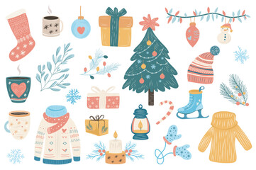 Christmas mega set elements in flat graphic design. Collection objects of sock, cup, ball toy, gift, tree with decoration, garland, hat, fir brunch, snowflakes, sweaters, other. Vector illustration.
