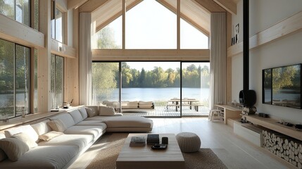 A spacious cabin living room offers breathtaking lake views through large windows, featuring modern minimalist furnishings and light wood decor.