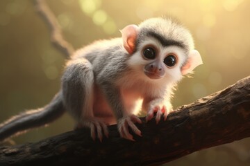 Baby monkey in pet shop or zoo. Nature and wildlife concept. Exotic pet. Animal care, Monkey Day. Close-up portrait with copy space