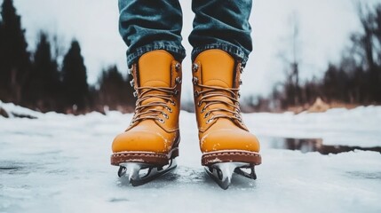 Person on Ice Skates Over Frozen Pond Surface