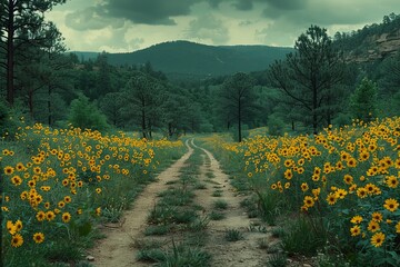 A peaceful dirt road surrounded by vibrant sunflowers in a green valley near the mountains on a cloudy day