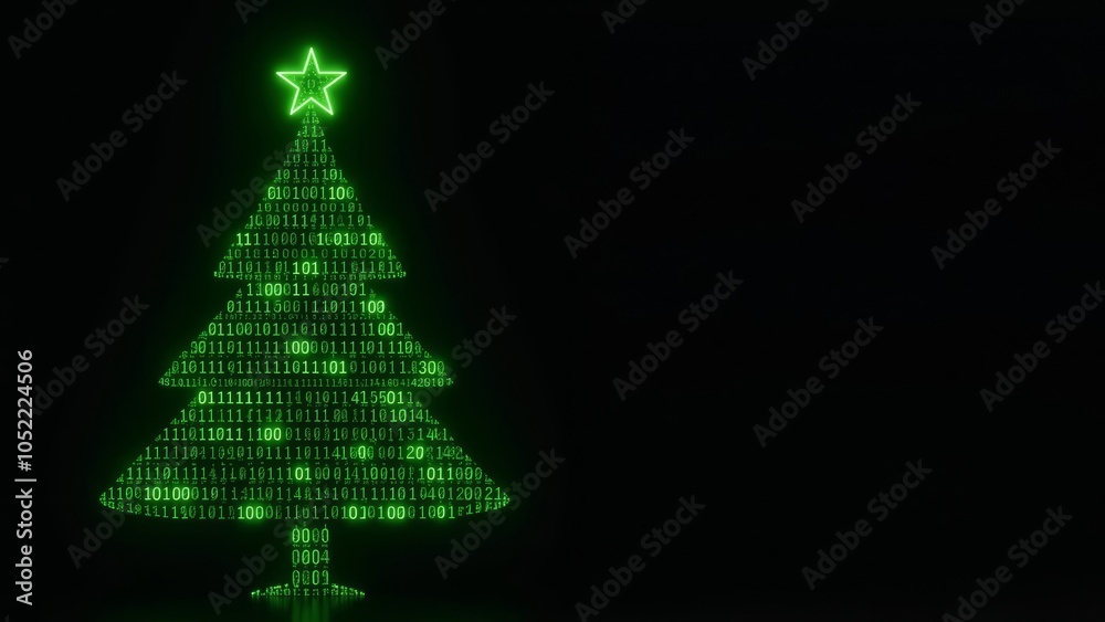 Wall mural Digital Christmas tree created with glowing green binary code on a dark background