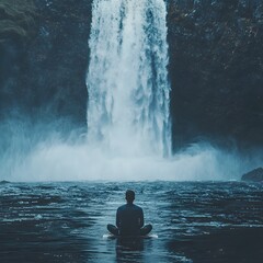 Obraz premium Person Meditating by a Majestic Waterfall Symbolizing Purification and Renewal
