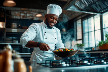 Chef in white uniform cooking vegetables in a pan with steam rising in a modern kitchen. Culinary expertise and professional cooking concept