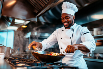 Smiling chef in uniform preparing a dish in a commercial kitchen, surrounded by cooking equipment...