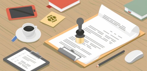 Office desk with paperwork, stamp, coffee, tablet, and books.