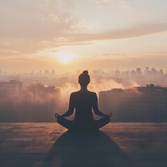 Woman Meditating on Urban Rooftop at Sunrise Mindfulness and Calm Concept