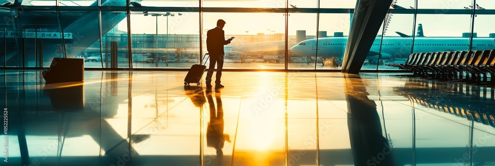 Aufkleber businessman is standing in an airport terminal, using a smartphone and waiting for his flight. the s