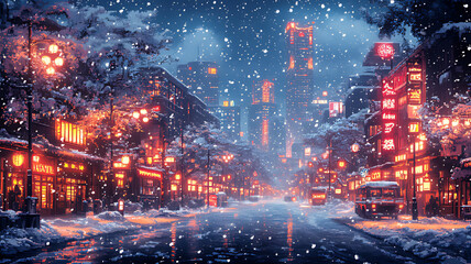 Fototapeta premium A snowy city street at night with illuminated buildings and falling snow.