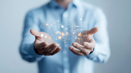 Business coaching concept with technology icons in open palms