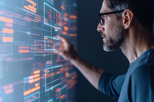 AI ethics consultant interacting with futuristic digital interface displaying data and graphics - Powered by Adobe