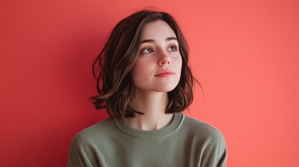 Fototapeta premium Thoughtful Young Woman Against Coral Background