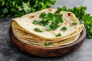 Chapati traditional tortillas with fresh parsley on a gray background indian flatbreads